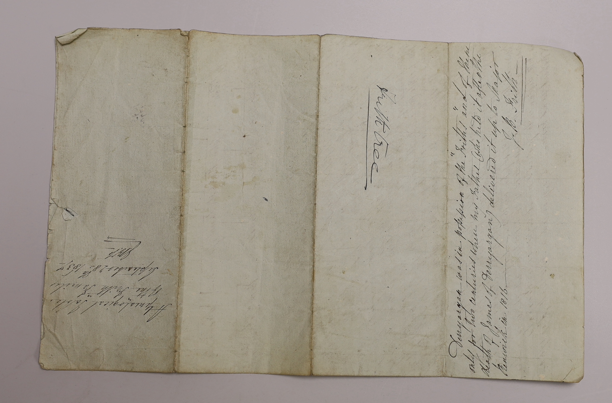 A Charles II Indenture on vellum, in English, relating to land at Hoton [a village in Leicestershire], belonging to a John Guy, dated 12th October, 1668, 62 x 78cm; together with a ‘’Genealogical Table of the ‘’Frith’’ f